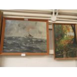 A framed oil of sailing vessel in stormy sea together with a framed oil of pheasant sat on fence