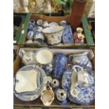 Two trays of ceramic items to include blue and white, oriental style vases etc.