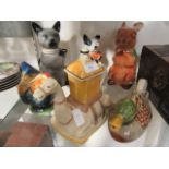 A selection of modern ceramic novelty teapots in the form of; cat, camel, chicken, dog,