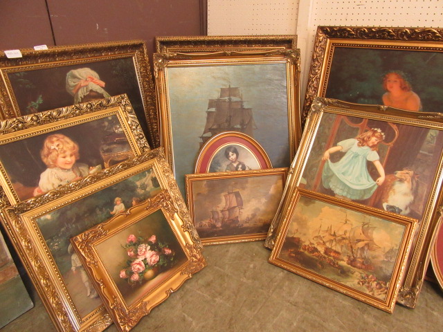 A large quantity of modern ornate gilt framed prints of young ladies, still life etc.