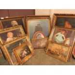 A large quantity of modern ornate gilt framed prints of young ladies, still life etc.
