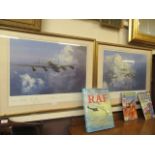 Two framed and glazed limited edition prints of a Lancaster bomber and mosquitos signed in pencil