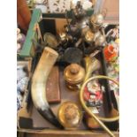 A tray containing scales, horns, money boxes etc.
