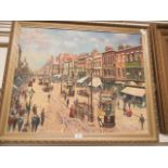 A modern gilt framed oleograph of tram scenes,