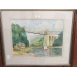 A framed and glazed watercolour of sailing ship going over tall bridge,