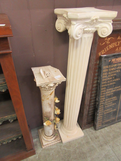 A painted plaster columned stand together with a floral decorated ceramic stand (A/F)