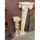 A painted plaster columned stand together with a floral decorated ceramic stand (A/F)