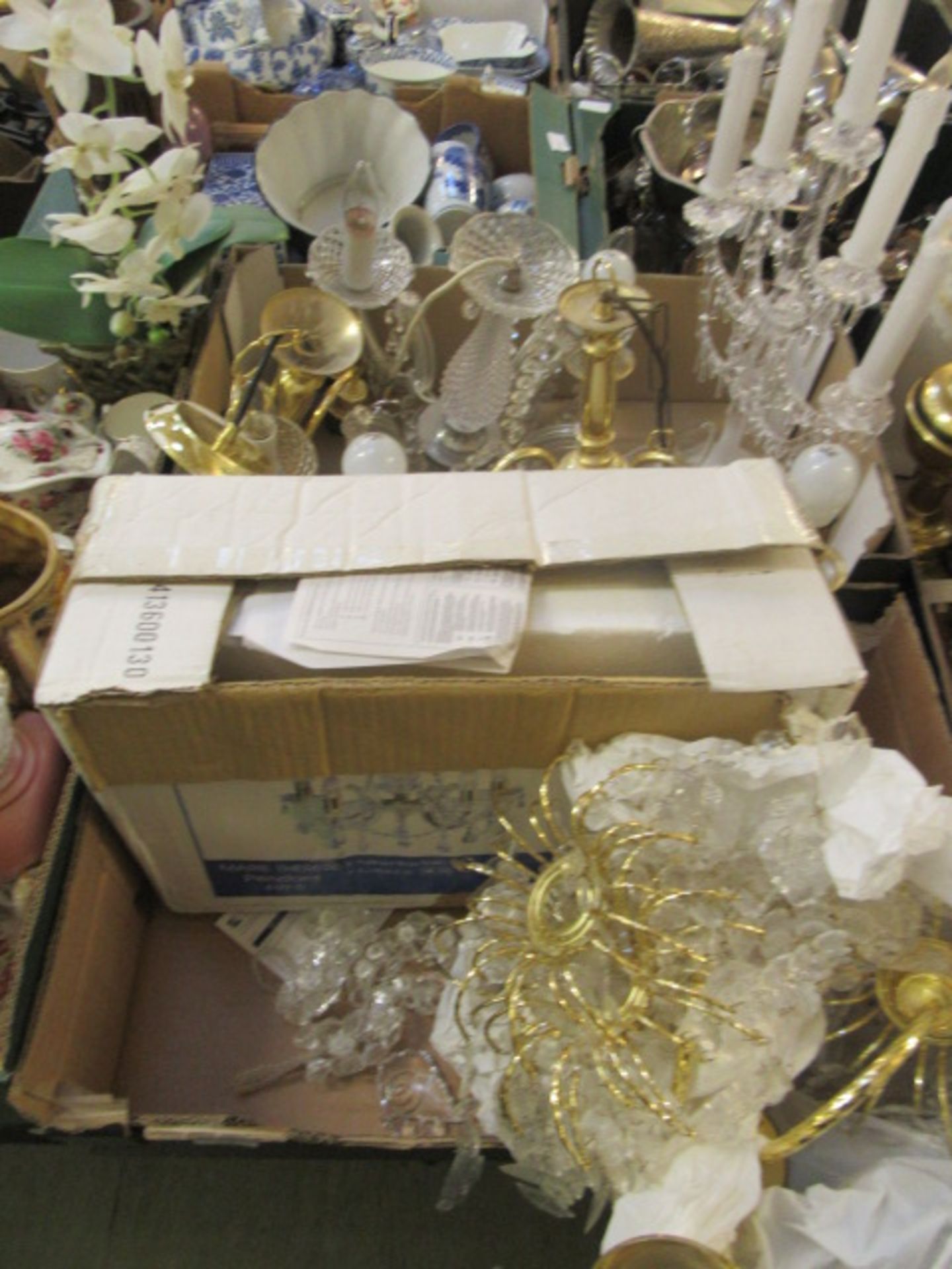 Two trays of assorted chandeliers, candelabras etc.