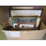 A carton of assorted framed and glazed prints, oil etc.