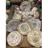 Two trays of Indian Tree table ware to include plates, tureens, coffee pot etc.