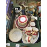 A tray of assorted cups, saucers, toby jugs etc.