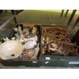 Two trays of decorative figurines and gilt painted items