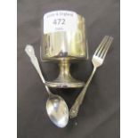 A silver hallmarked beaker together with a silver hallmarked fork and spoon approx weight;