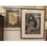 A framed and glazed print of an owl after Durer along with a framed and glazed photographic print
