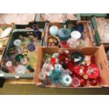 Three trays of coloured glassware to include drinking vessels, vases,