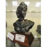 A cast metal bust on wooden plinth