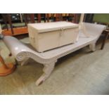 A grey painted reproduction sleigh bench