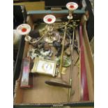 A tray containing a large fan, candelabra, fireside companion set, Wade animals,