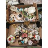 Two trays of decorative ceramic ware to include bowls, plates, cups,