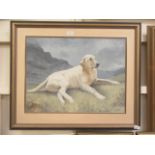 A framed oil on board of dog titled "Jess-pig" signed A.J.