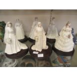 Six Coalport figures of brides to include 'The Queen', 'Queen Victoria', 'Queen Elizabeth', 'Diana',