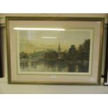 A framed and glazed print of horses in river by church