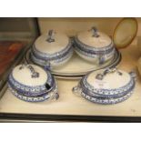 A selection of blue and white Swinnertons 'Cardigan' tableware comprising of tureens, meat plates,