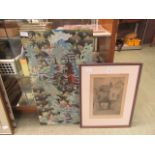 A framed and glazed etching signed Robson along with an eastern painting