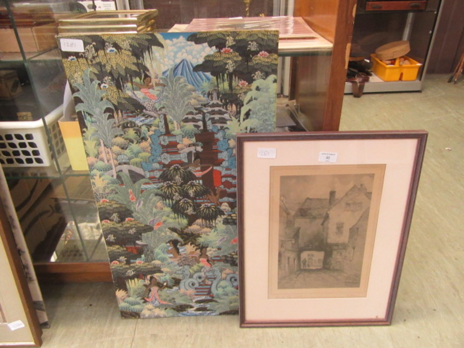 A framed and glazed etching signed Robson along with an eastern painting