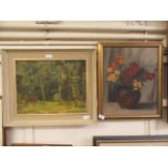 A framed oil on board of still life signed Marrion Broom along with a framed oil on board of horses