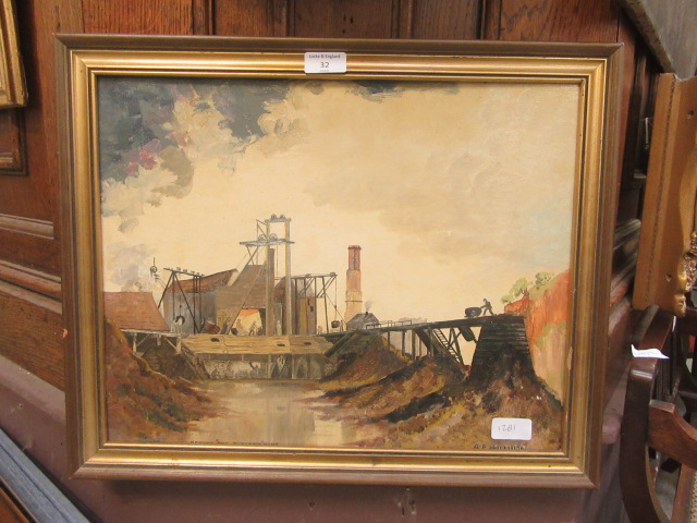 A framed oil on board of industrial scene titled "before the electric came" signed A.E.