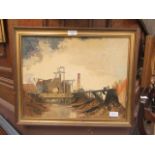 A framed oil on board of industrial scene titled "before the electric came" signed A.E.