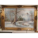 A gilt framed oil on canvas of snowy countryside scene signed bottom right CONDITION