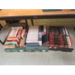 Three trays of hard back books containing leather bound books, books of English history,