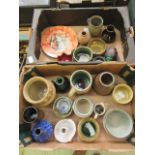 Two trays of stoneware and other vases, plates,