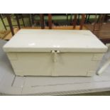 A grey painted metal edged wooden tool chest