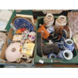 Two trays of ceramic and other ware to include vases, tureen, water jugs,