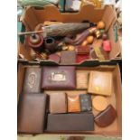 Two trays of wooden boxes, leather bound jewellery boxes,