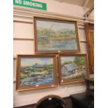 Three framed and glazed oils on board of village scenes signed M.