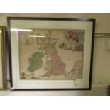 A framed and glazed coloured map of United Kingdom