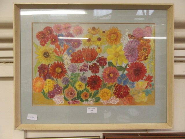 A framed and glazed painting of flowers