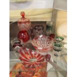 A selection of coloured cut glass items to include bowls, vases,