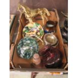 A tray containing glass ball, brass plaque, plated salts,