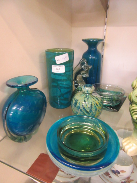 A selection of mid-20th century coloured glassware to include bowls, vases,