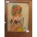 A mid-20th century oil on board of girl with dog signed Marg
