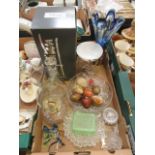 A tray of assorted glassware to include oil burner, vases,