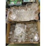 Two trays of glassware to include vases, trays, glass dump,