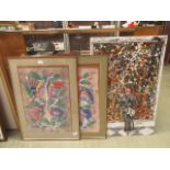 A pair of Indian tree of life paintings along with an abstract oil on board