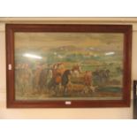 An oak framed print of 16th century hunting scene