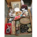 Two trays of ceramic and other items to include Wade whimsies, flatware, old tins,